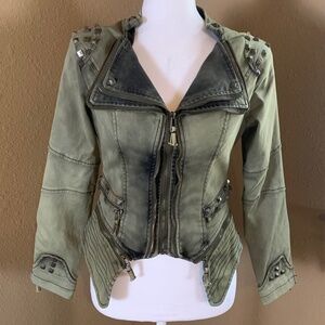 Echolove Olive Studded Moto Jacket Cropped Zip Women’s Small